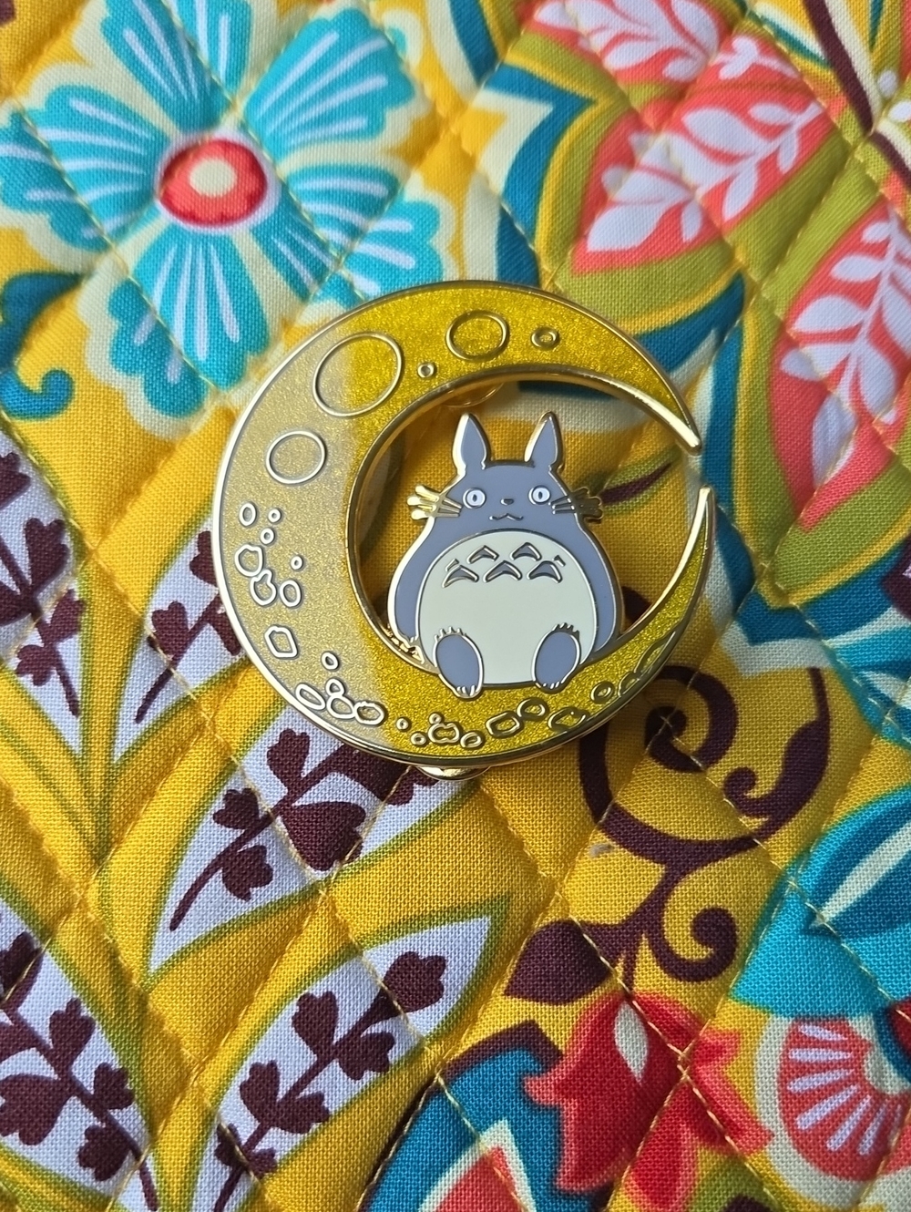 Moon Crescent Enamel Pin in Yellow with Gray Character